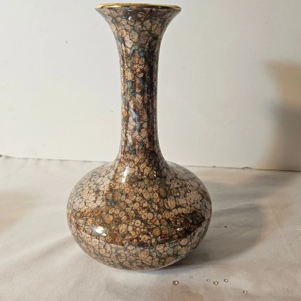 Vintage Holley Ross Pottery Bud Vase Brown Agate Marbleized Glaze Gold USA MCM